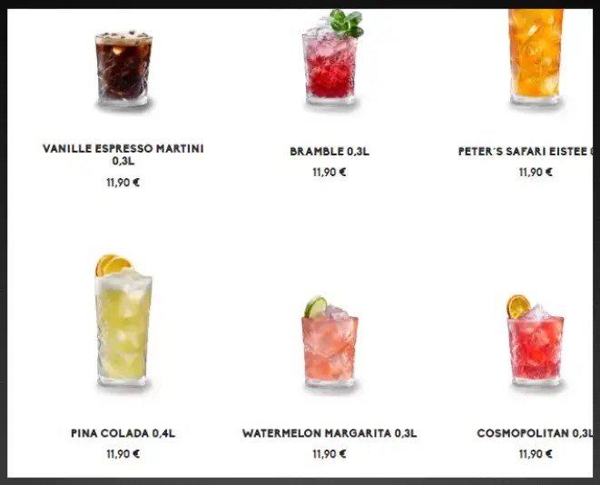 Peter Pane Karte Premium Cocktails Speisekarte Preise