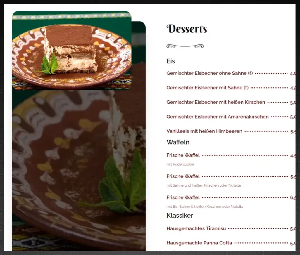 Roma Desserts Menü Karte Speisekarte Preise