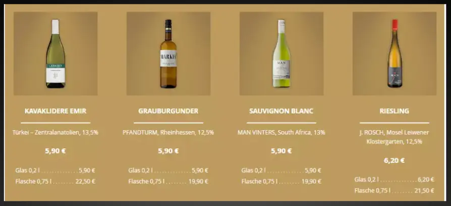Bona’me Beyaz Şaraplar Weisswei 
Preise Speisekarte 