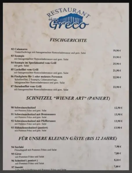 El Greco Für Unsere Kleinen Gäste Bis 12 Jahre Speisekarte Preise